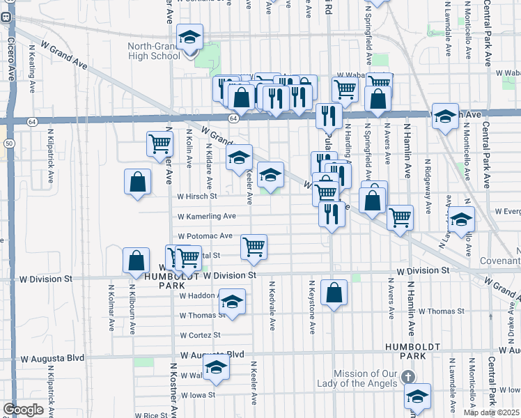 map of restaurants, bars, coffee shops, grocery stores, and more near 4142 West Kamerling Avenue in Chicago