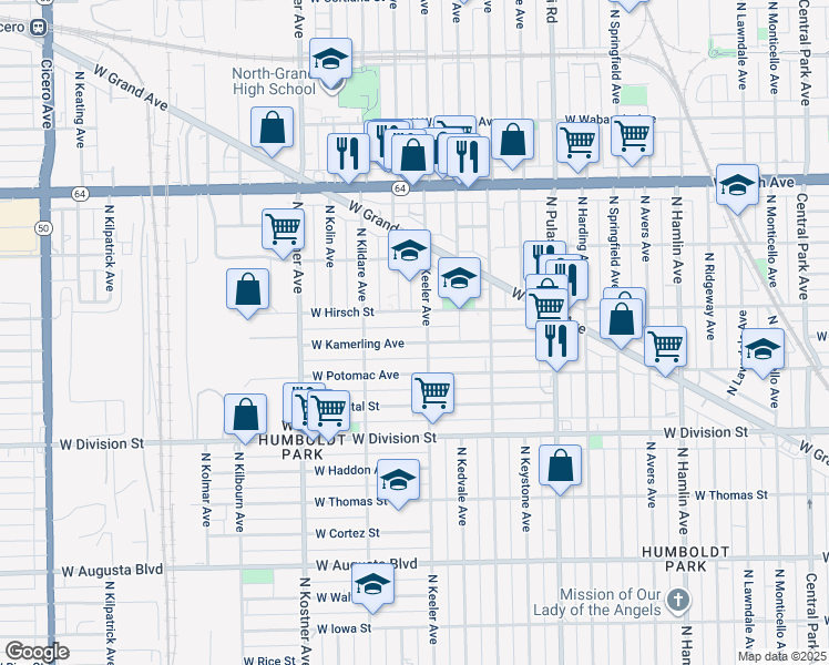 map of restaurants, bars, coffee shops, grocery stores, and more near 4218 West Kamerling Avenue in Chicago