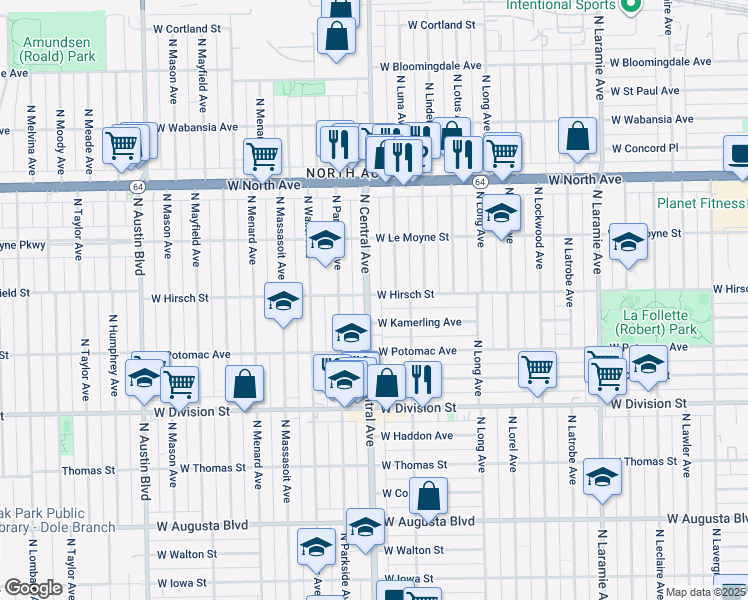 map of restaurants, bars, coffee shops, grocery stores, and more near 5523 West Hirsch Street in Chicago
