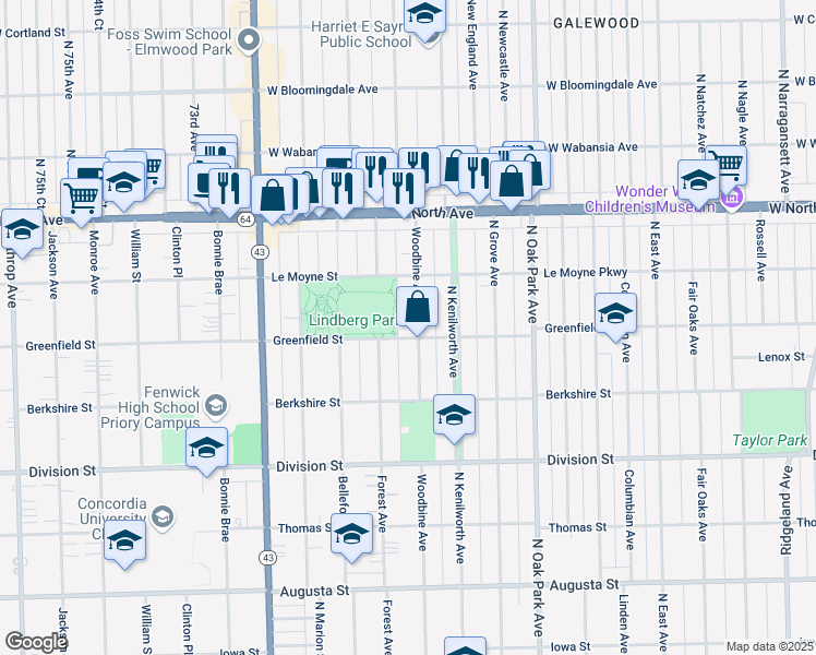 map of restaurants, bars, coffee shops, grocery stores, and more near 1104 Woodbine Avenue in Oak Park