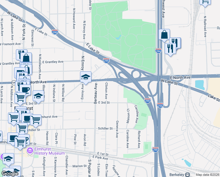 map of restaurants, bars, coffee shops, grocery stores, and more near 295 Clinton Avenue in Elmhurst