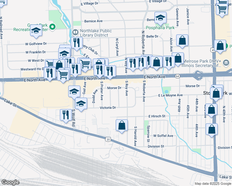 map of restaurants, bars, coffee shops, grocery stores, and more near 111 South Caryl Avenue in Northlake