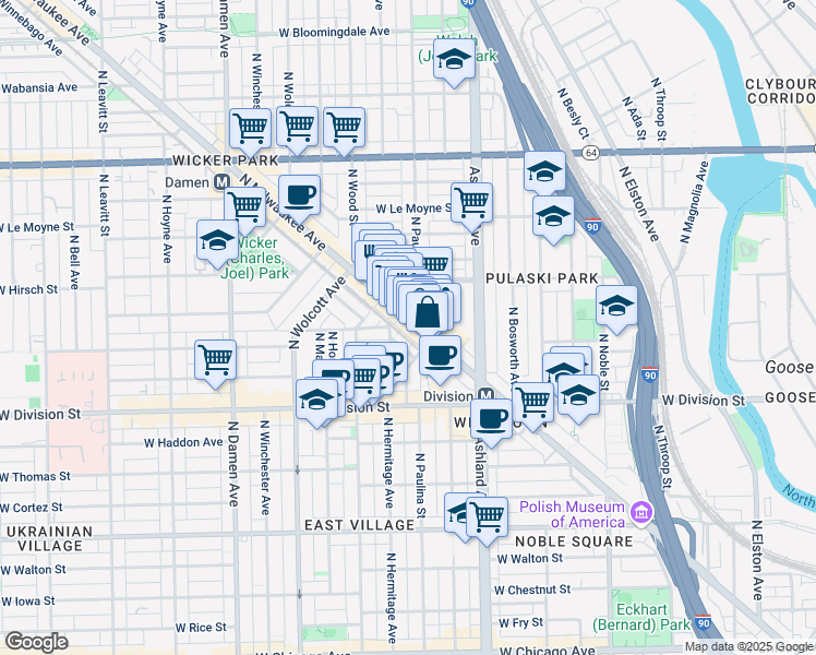 map of restaurants, bars, coffee shops, grocery stores, and more near 1324 North Milwaukee Avenue in Chicago