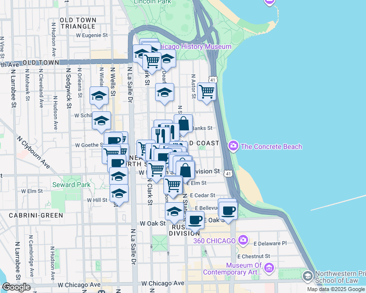 map of restaurants, bars, coffee shops, grocery stores, and more near 1255 North State Parkway in Chicago