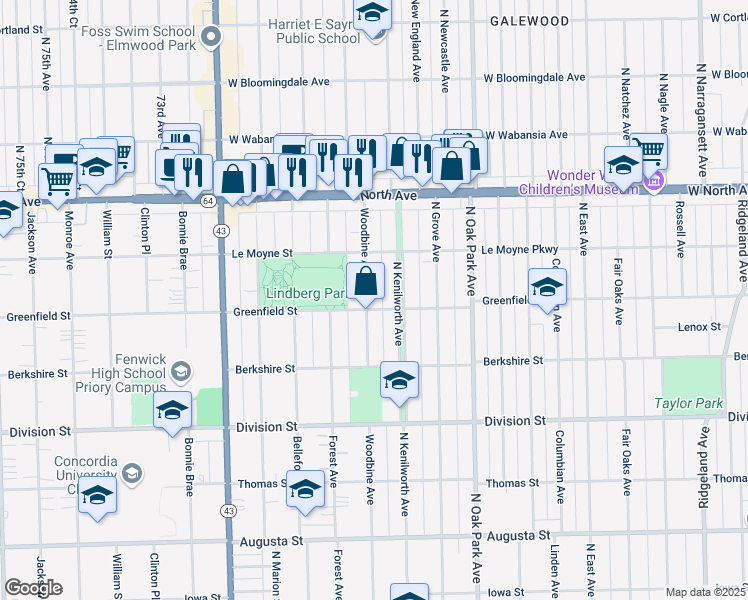 map of restaurants, bars, coffee shops, grocery stores, and more near 1104 Woodbine Avenue in Oak Park