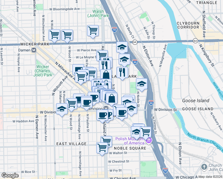 map of restaurants, bars, coffee shops, grocery stores, and more near 1311 North Bosworth Avenue in Chicago