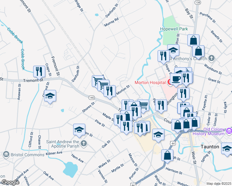 map of restaurants, bars, coffee shops, grocery stores, and more near 2 Morton Street in Taunton