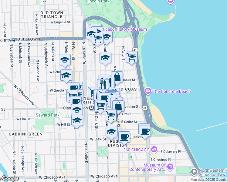 map of restaurants, bars, coffee shops, grocery stores, and more near 1255 North State Parkway in Chicago