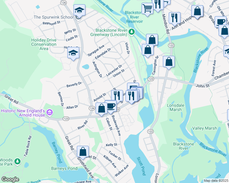 map of restaurants, bars, coffee shops, grocery stores, and more near 54 Pleasant Street in Lincoln