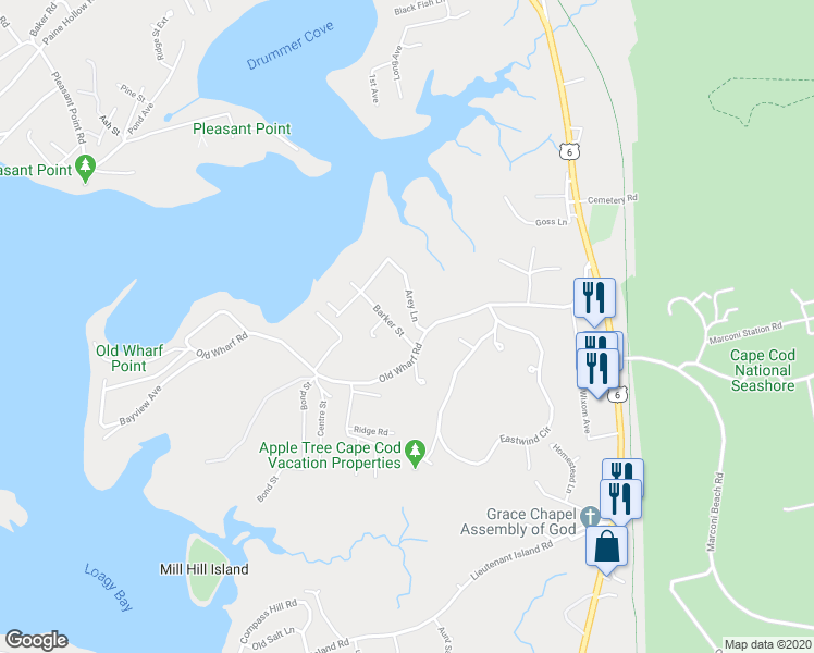 map of restaurants, bars, coffee shops, grocery stores, and more near 20 Barker Street in Wellfleet