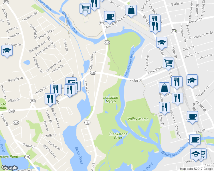 map of restaurants, bars, coffee shops, grocery stores, and more near 1 Grant Court in Lincoln