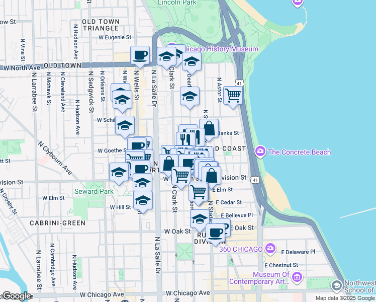 map of restaurants, bars, coffee shops, grocery stores, and more near 1260 North Dearborn Street in Chicago
