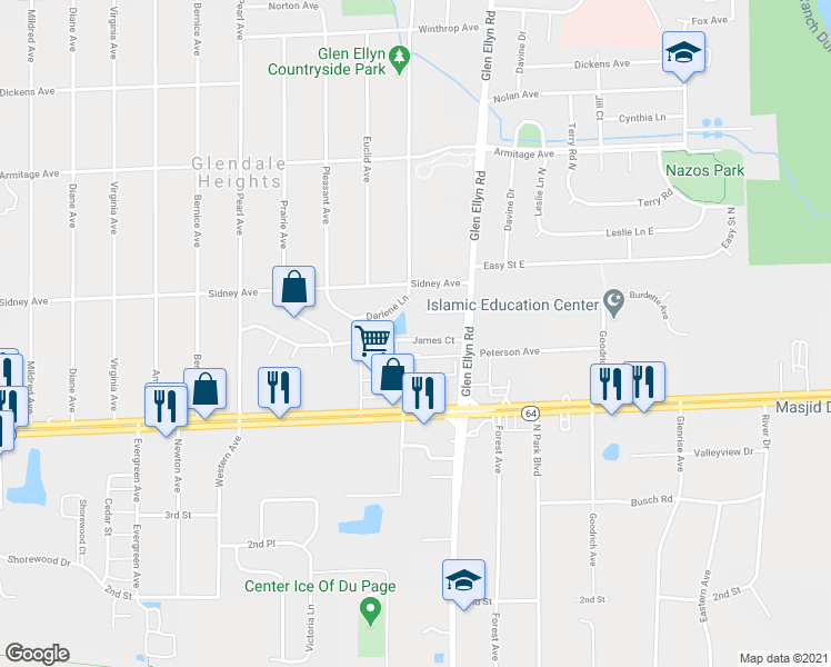map of restaurants, bars, coffee shops, grocery stores, and more near 538C James Court in Glendale Heights