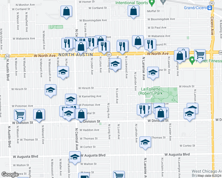 map of restaurants, bars, coffee shops, grocery stores, and more near 1357 North Long Avenue in Chicago