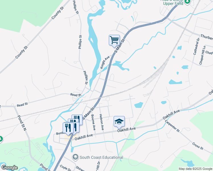map of restaurants, bars, coffee shops, grocery stores, and more near 18 Harriet Thayer Avenue in Attleboro