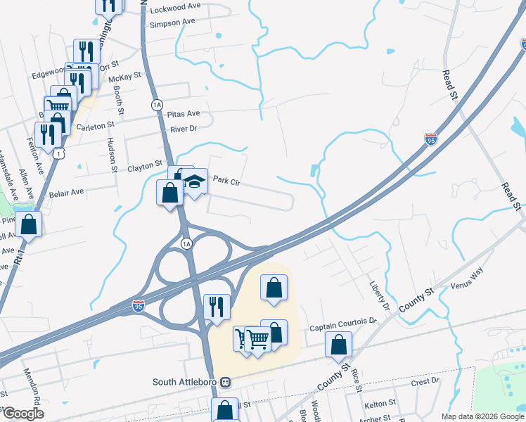 map of restaurants, bars, coffee shops, grocery stores, and more near 121 Park Circle in Attleboro