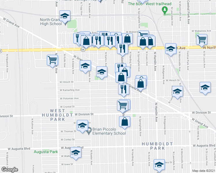 map of restaurants, bars, coffee shops, grocery stores, and more near 1345 North Karlov Avenue in Chicago