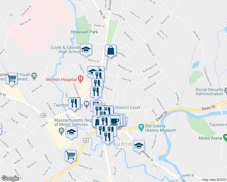 map of restaurants, bars, coffee shops, grocery stores, and more near 31 Randall Street in Taunton