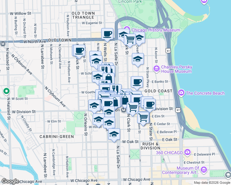 map of restaurants, bars, coffee shops, grocery stores, and more near 1258 North LaSalle Street in Chicago