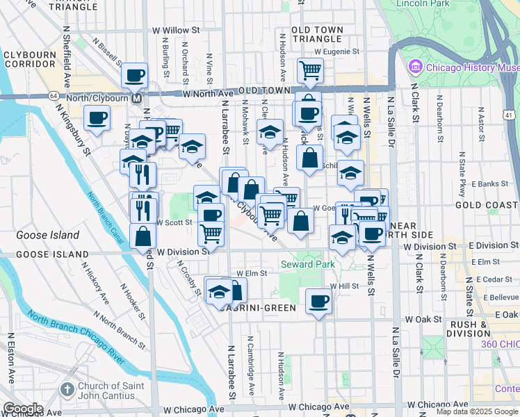 map of restaurants, bars, coffee shops, grocery stores, and more near 1281 North Clybourn Avenue in Chicago