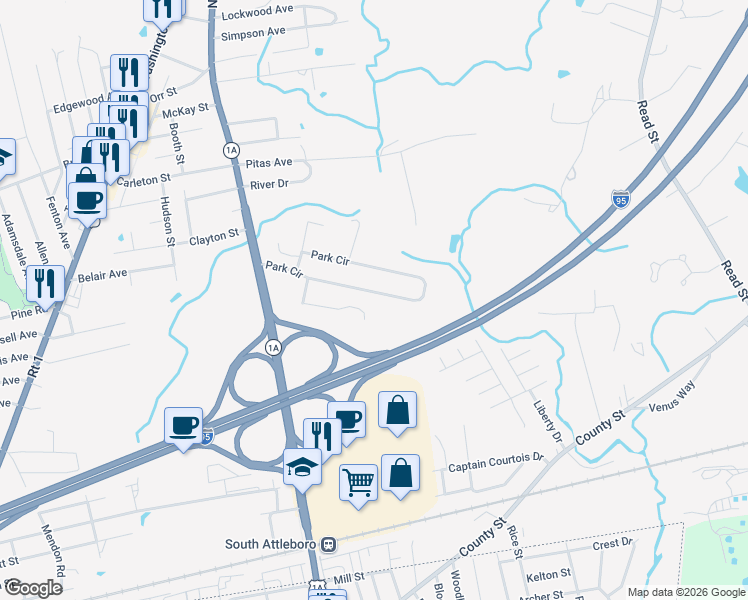 map of restaurants, bars, coffee shops, grocery stores, and more near 121 Park Circle in Attleboro