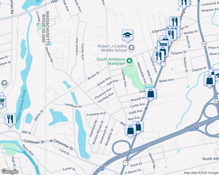 map of restaurants, bars, coffee shops, grocery stores, and more near 344 Robinson Avenue in Attleboro