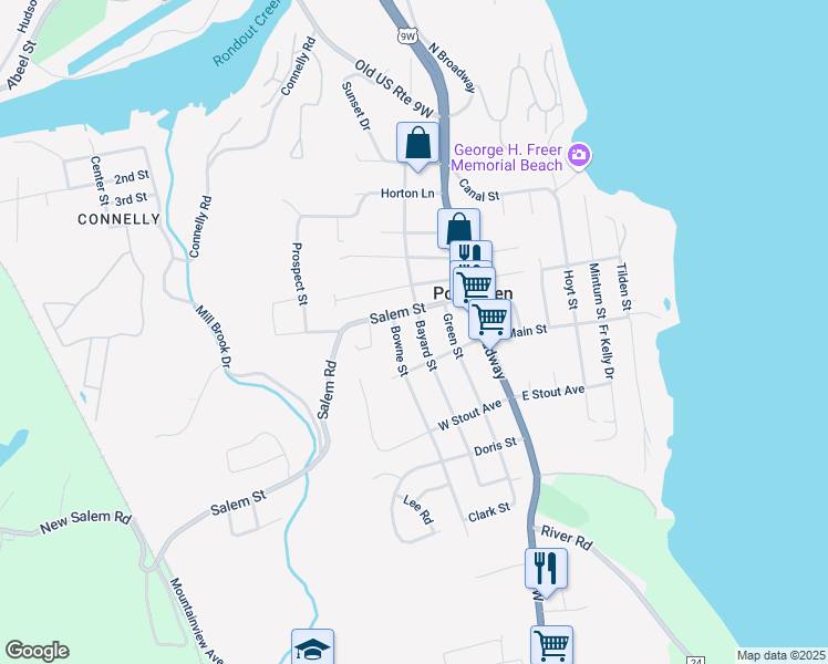 map of restaurants, bars, coffee shops, grocery stores, and more near 187 Bayard Street in Port Ewen