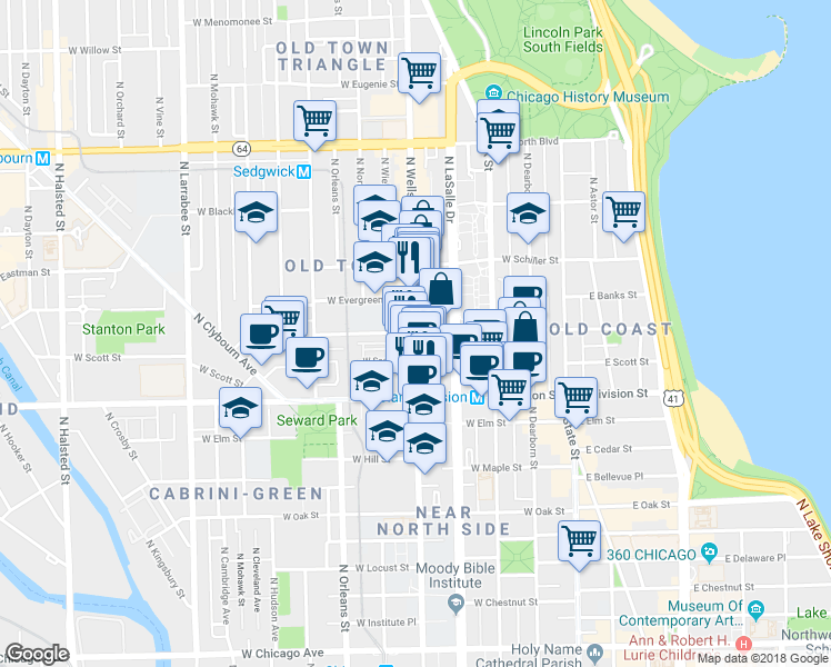 map of restaurants, bars, coffee shops, grocery stores, and more near 1254 North Wells Street in Chicago