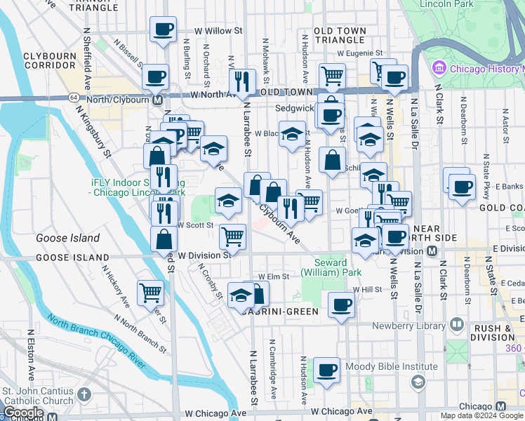 map of restaurants, bars, coffee shops, grocery stores, and more near 1281 North Clybourn Avenue in Chicago