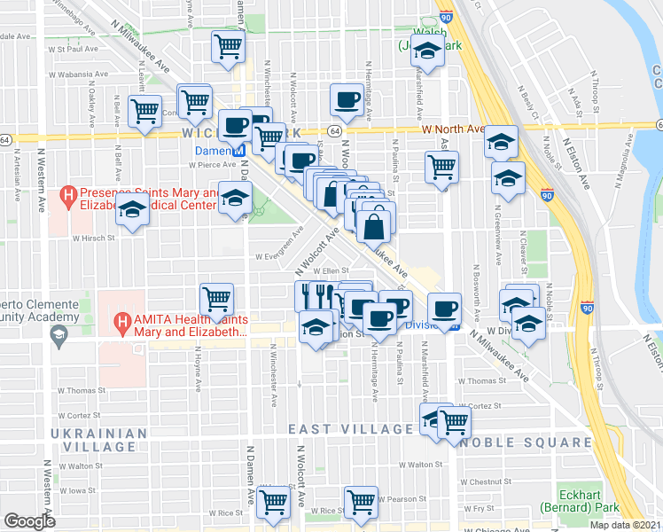 map of restaurants, bars, coffee shops, grocery stores, and more near 1829 West Ellen Street in Chicago