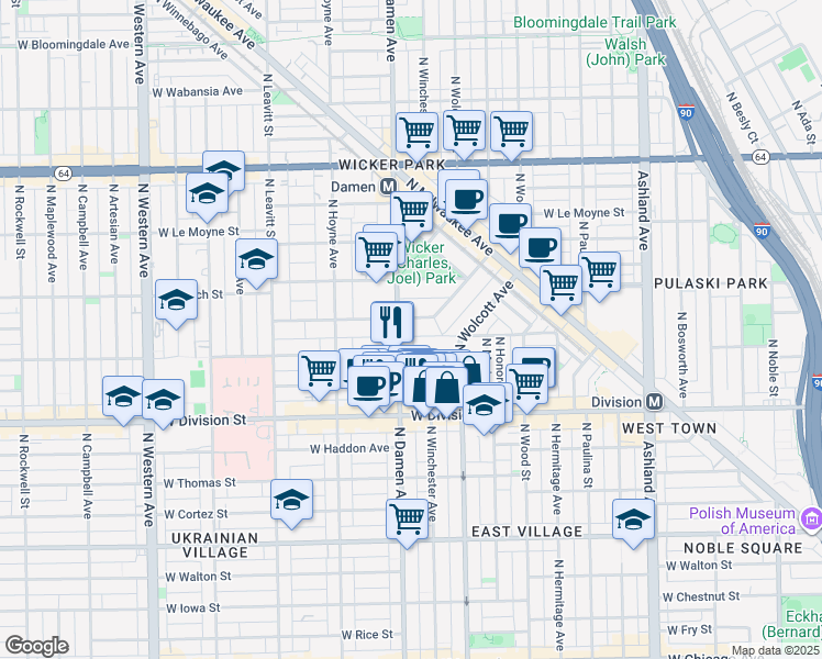 map of restaurants, bars, coffee shops, grocery stores, and more near 1940 West Potomac Avenue in Chicago