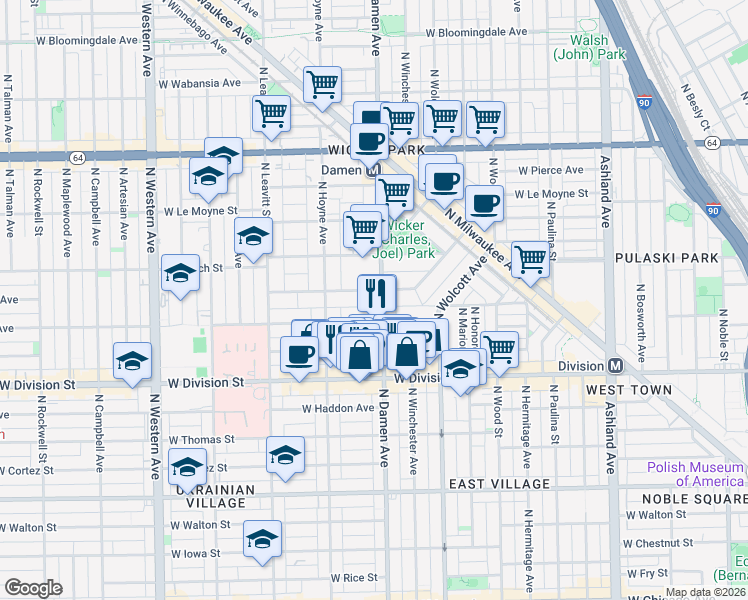 map of restaurants, bars, coffee shops, grocery stores, and more near 2017 West Evergreen Avenue in Chicago