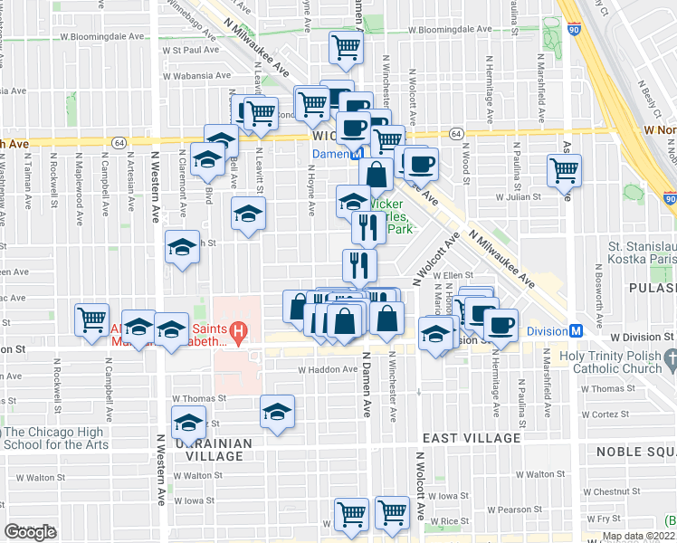 map of restaurants, bars, coffee shops, grocery stores, and more near 2017 West Evergreen Avenue in Chicago