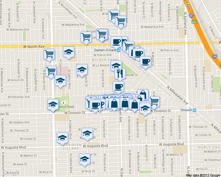 map of restaurants, bars, coffee shops, grocery stores, and more near 2017 West Evergreen Avenue in Chicago