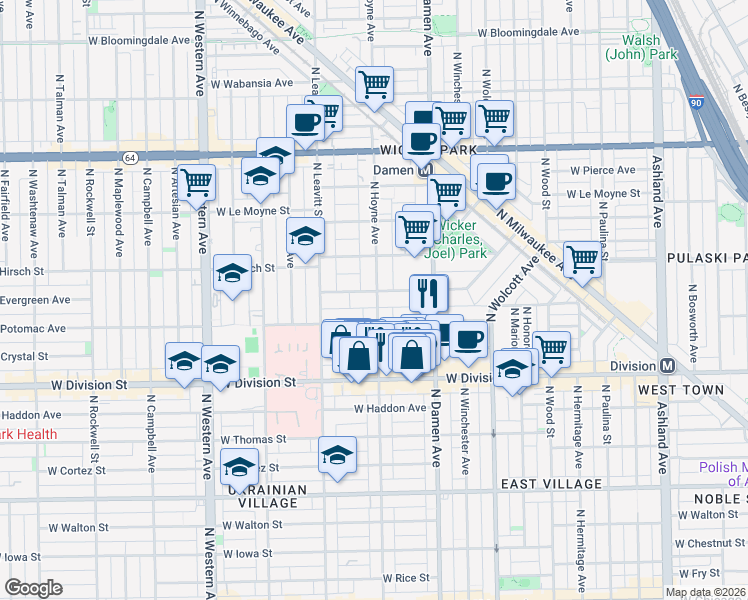 map of restaurants, bars, coffee shops, grocery stores, and more near 1317 North Hoyne Avenue in Chicago