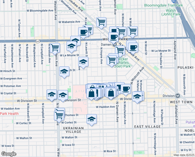 map of restaurants, bars, coffee shops, grocery stores, and more near 2131 West Evergreen Avenue in Chicago