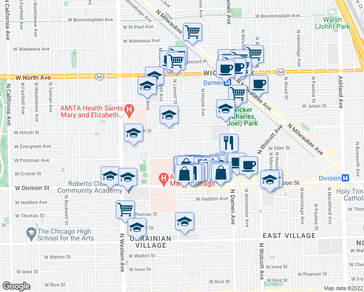 map of restaurants, bars, coffee shops, grocery stores, and more near 2131 West Evergreen Avenue in Chicago