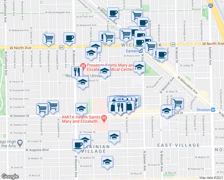 map of restaurants, bars, coffee shops, grocery stores, and more near in Chicago