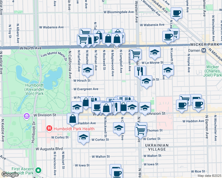 map of restaurants, bars, coffee shops, grocery stores, and more near in Chicago