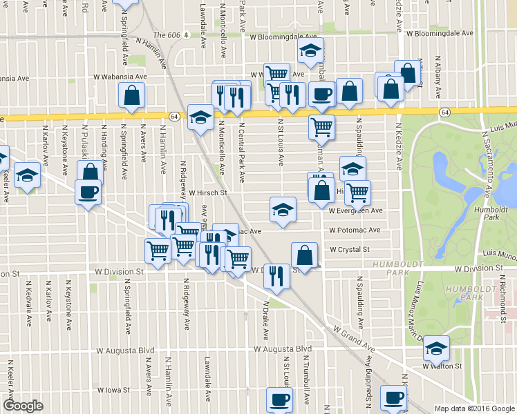 map of restaurants, bars, coffee shops, grocery stores, and more near 3530 West Evergreen Avenue in Chicago