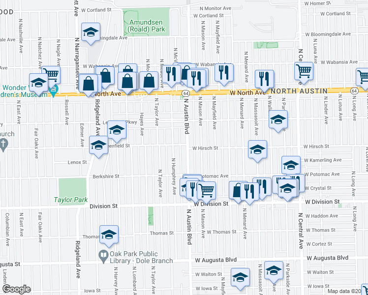 map of restaurants, bars, coffee shops, grocery stores, and more near 1357 North Austin Boulevard in Chicago