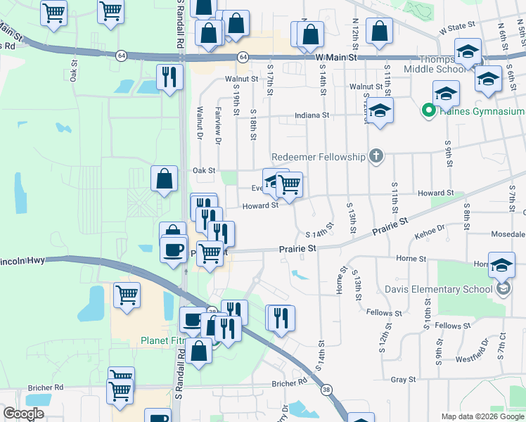map of restaurants, bars, coffee shops, grocery stores, and more near 1723 Howard Street in St. Charles