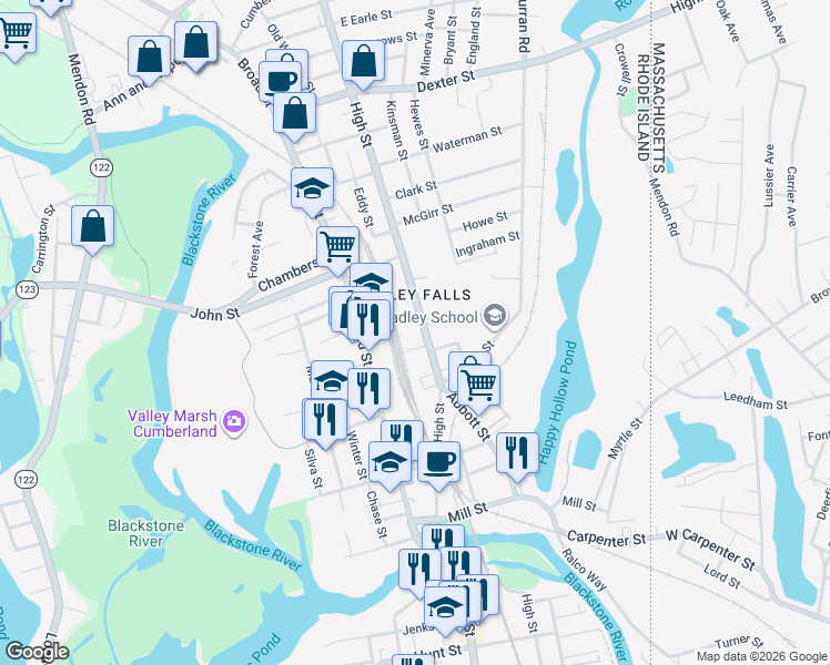 map of restaurants, bars, coffee shops, grocery stores, and more near 11 Gaskin Lane in Cumberland