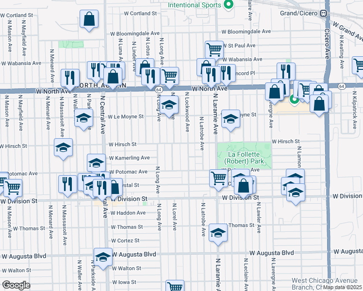 map of restaurants, bars, coffee shops, grocery stores, and more near 5315 West Hirsch Street in Chicago