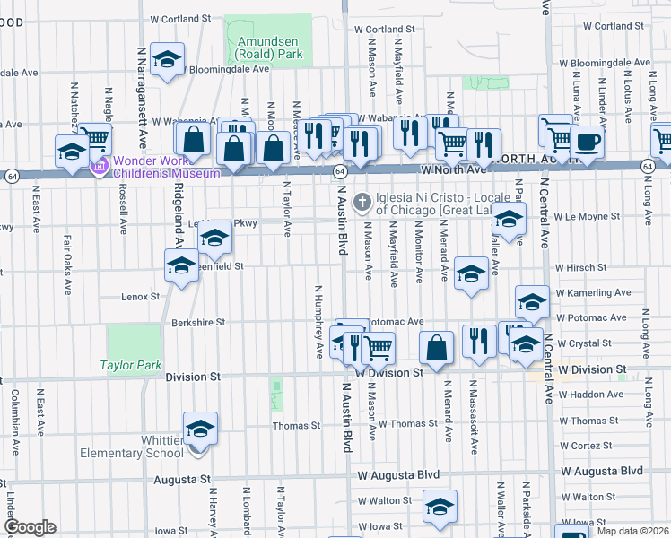 map of restaurants, bars, coffee shops, grocery stores, and more near 1350 North Austin Boulevard in Oak Park