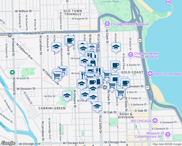 map of restaurants, bars, coffee shops, grocery stores, and more near N Wells St & W Goethe St in Chicago