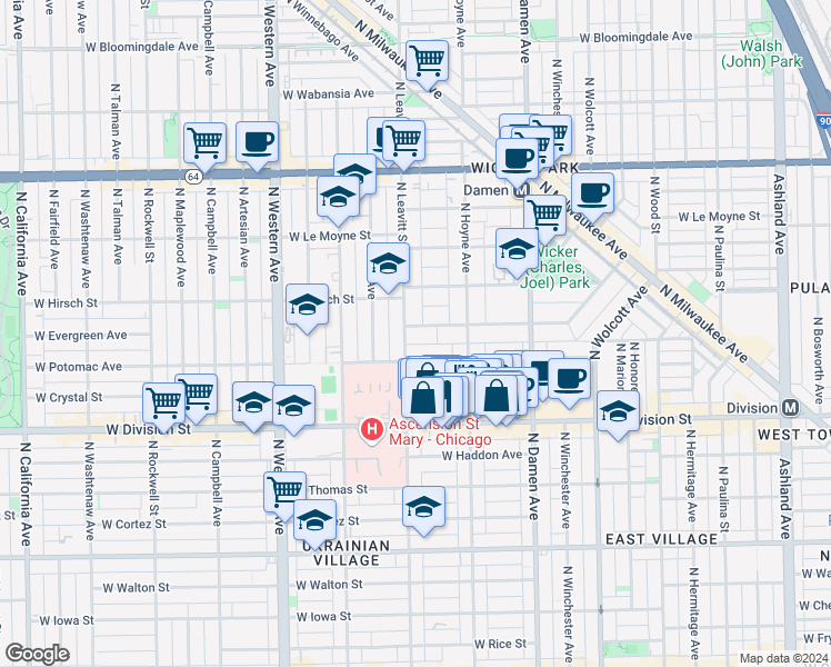 map of restaurants, bars, coffee shops, grocery stores, and more near 2151 West Evergreen Avenue in Chicago