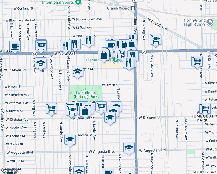 map of restaurants, bars, coffee shops, grocery stores, and more near 4937 West Hirsch Street in Chicago