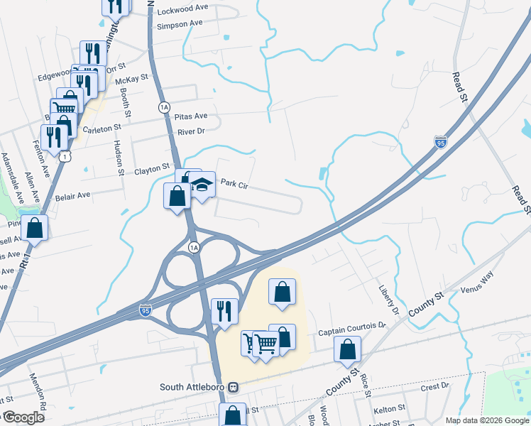 map of restaurants, bars, coffee shops, grocery stores, and more near 121 Park Circle in Attleboro