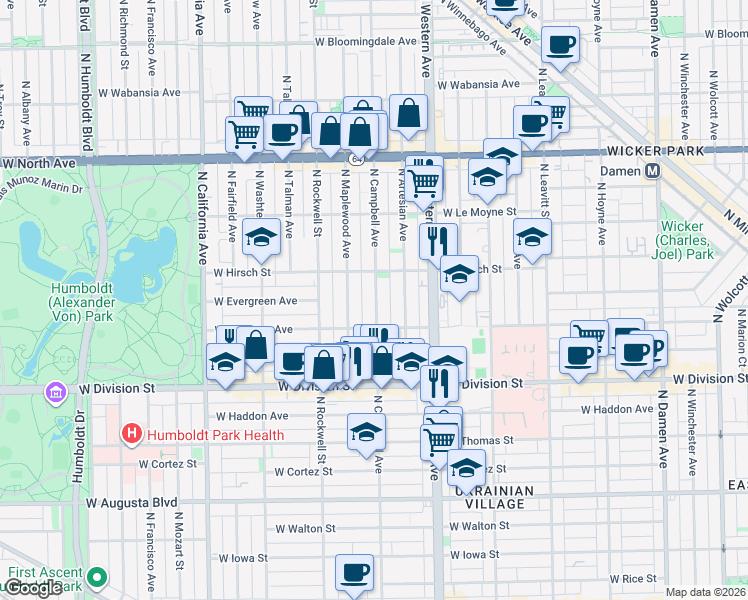 map of restaurants, bars, coffee shops, grocery stores, and more near 1320 North Campbell Avenue in Chicago